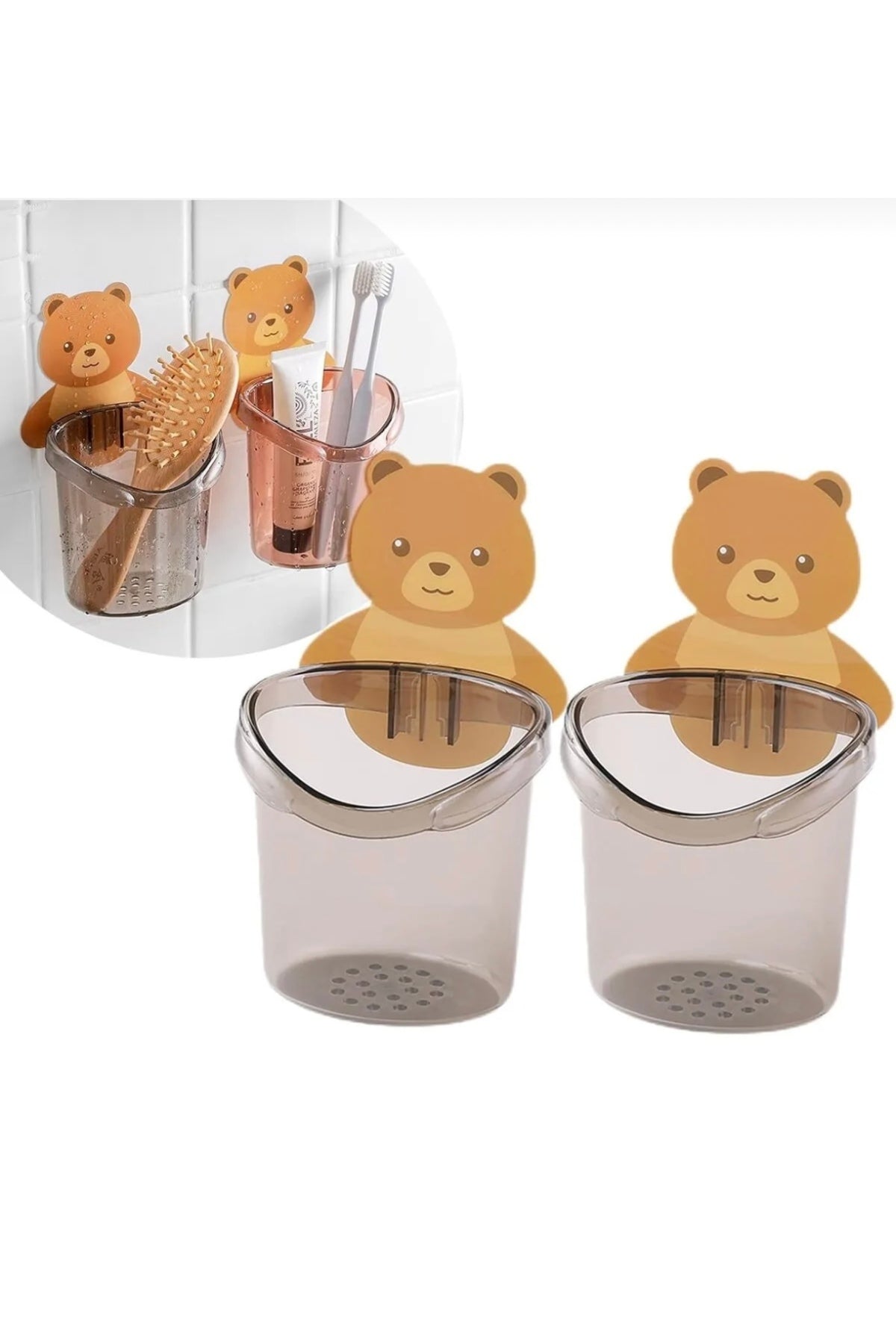 3’lü Ayı Figürlü Diş Fırçalık Seti | Yapışkanlı Duvara Yapışan Banyo Organizer