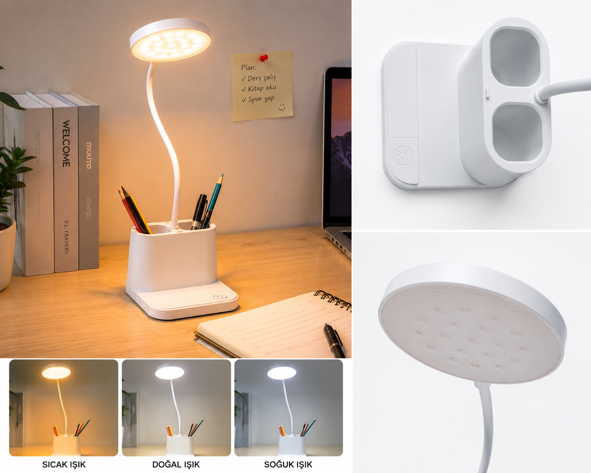 3 Modlu LED Masa Lambası ve Kalemlik – Esnek Boyunlu Dokunmatik Çalışma Lambası, Kalem Organizerli Masaüstü Aydınlatma, Beyaz