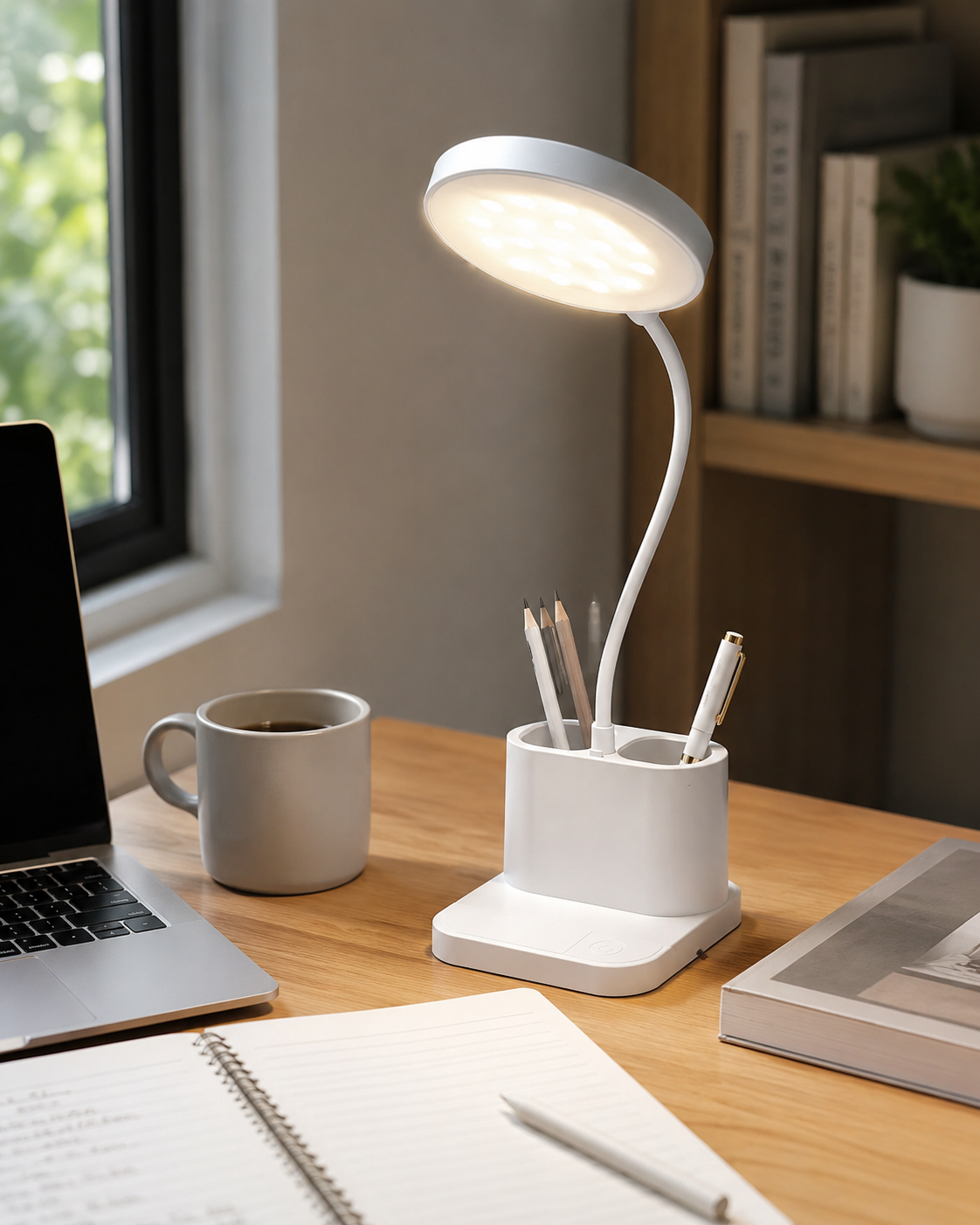 3 Modlu LED Masa Lambası ve Kalemlik – Esnek Boyunlu Dokunmatik Çalışma Lambası, Kalem Organizerli Masaüstü Aydınlatma, Beyaz