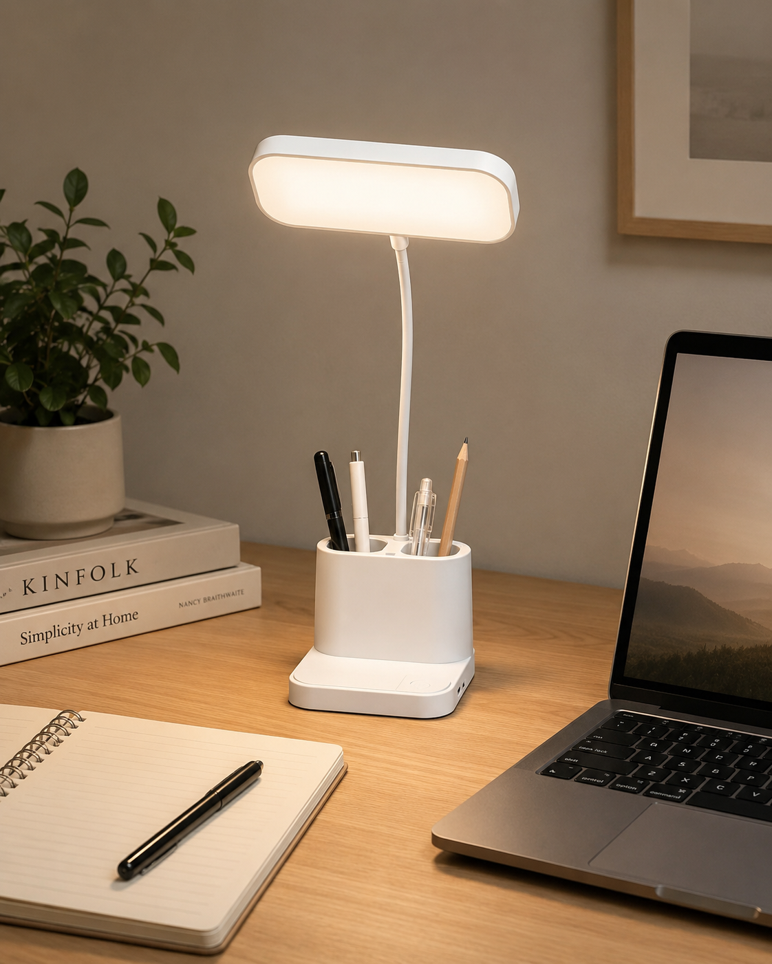 3 Modlu LED Masa Lambası ve Kalemlik – Esnek Boyunlu Dokunmatik Çalışma Lambası, Kalem Organizerli Masaüstü Aydınlatma, Beyaz