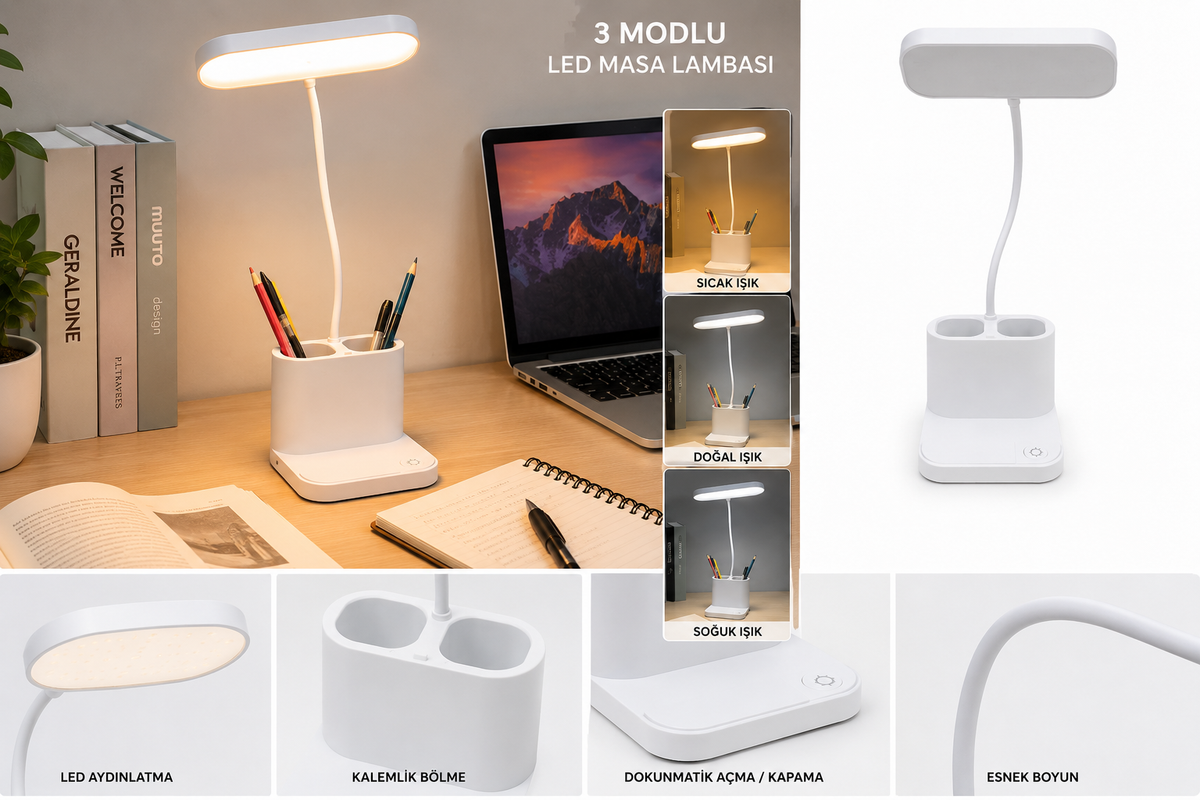 3 Modlu LED Masa Lambası ve Kalemlik – Esnek Boyunlu Dokunmatik Çalışma Lambası, Kalem Organizerli Masaüstü Aydınlatma, Beyaz
