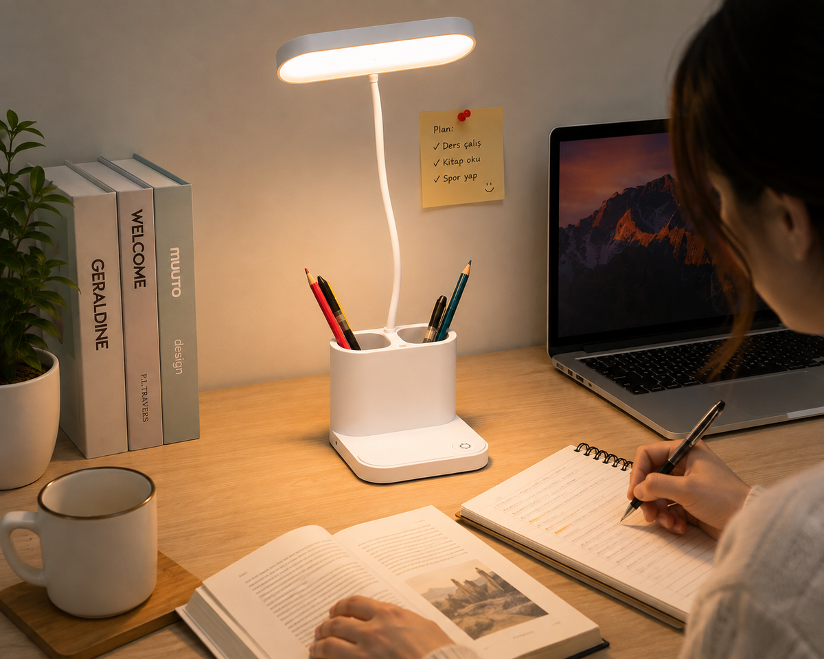 3 Modlu LED Masa Lambası ve Kalemlik – Esnek Boyunlu Dokunmatik Çalışma Lambası, Kalem Organizerli Masaüstü Aydınlatma, Beyaz