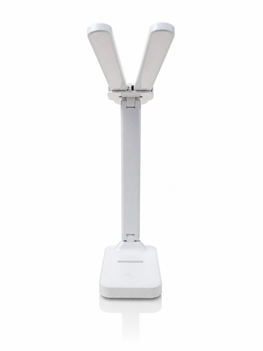 Katlanabilir Çift Başlıklı LED Masa Lambası – 3 Işık Modlu, Dokunmatik, Telefon Standlı, Ayarlanabilir Çalışma ve Okuma Lambası, Beyaz