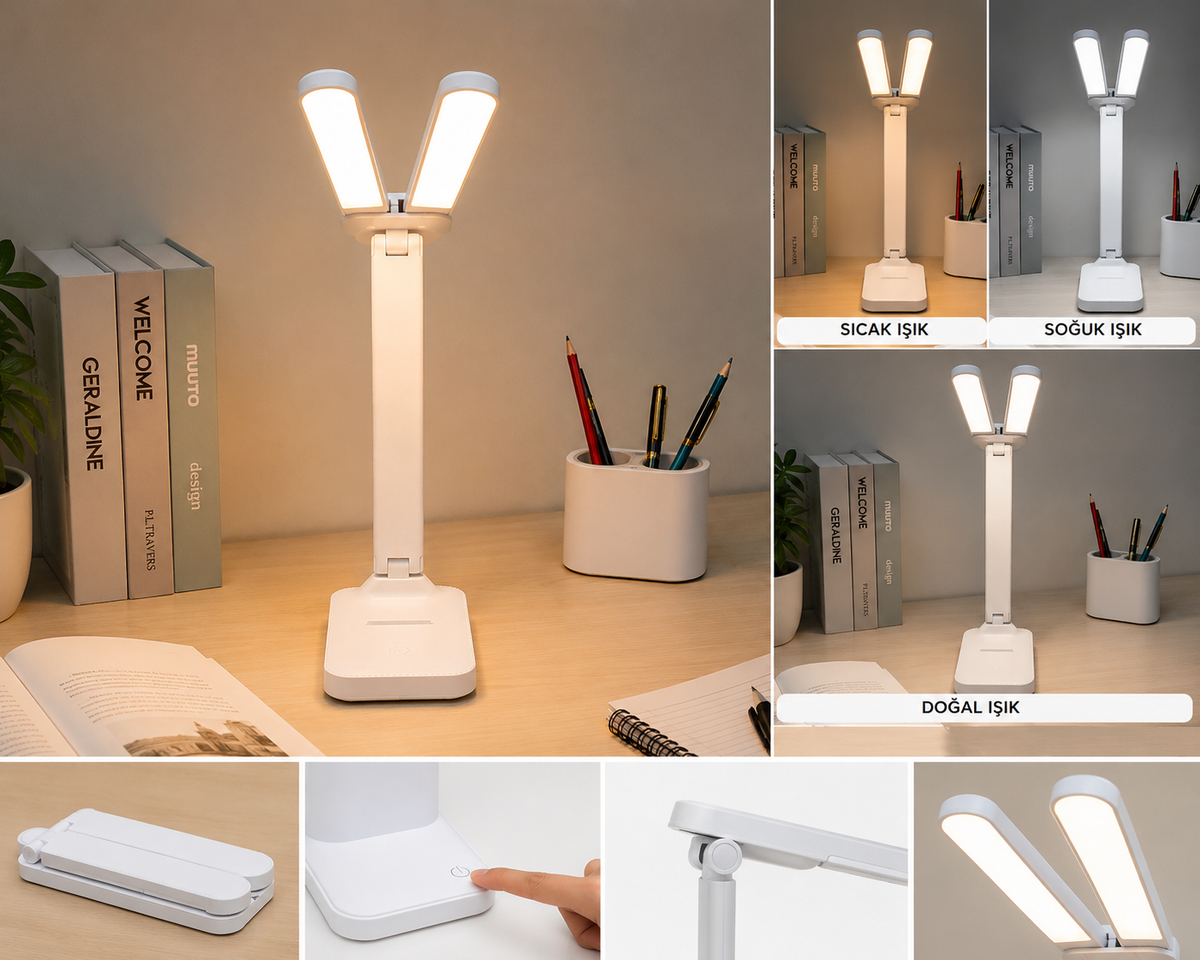Katlanabilir Çift Başlıklı LED Masa Lambası – 3 Işık Modlu, Dokunmatik, Telefon Standlı, Ayarlanabilir Çalışma ve Okuma Lambası, Beyaz