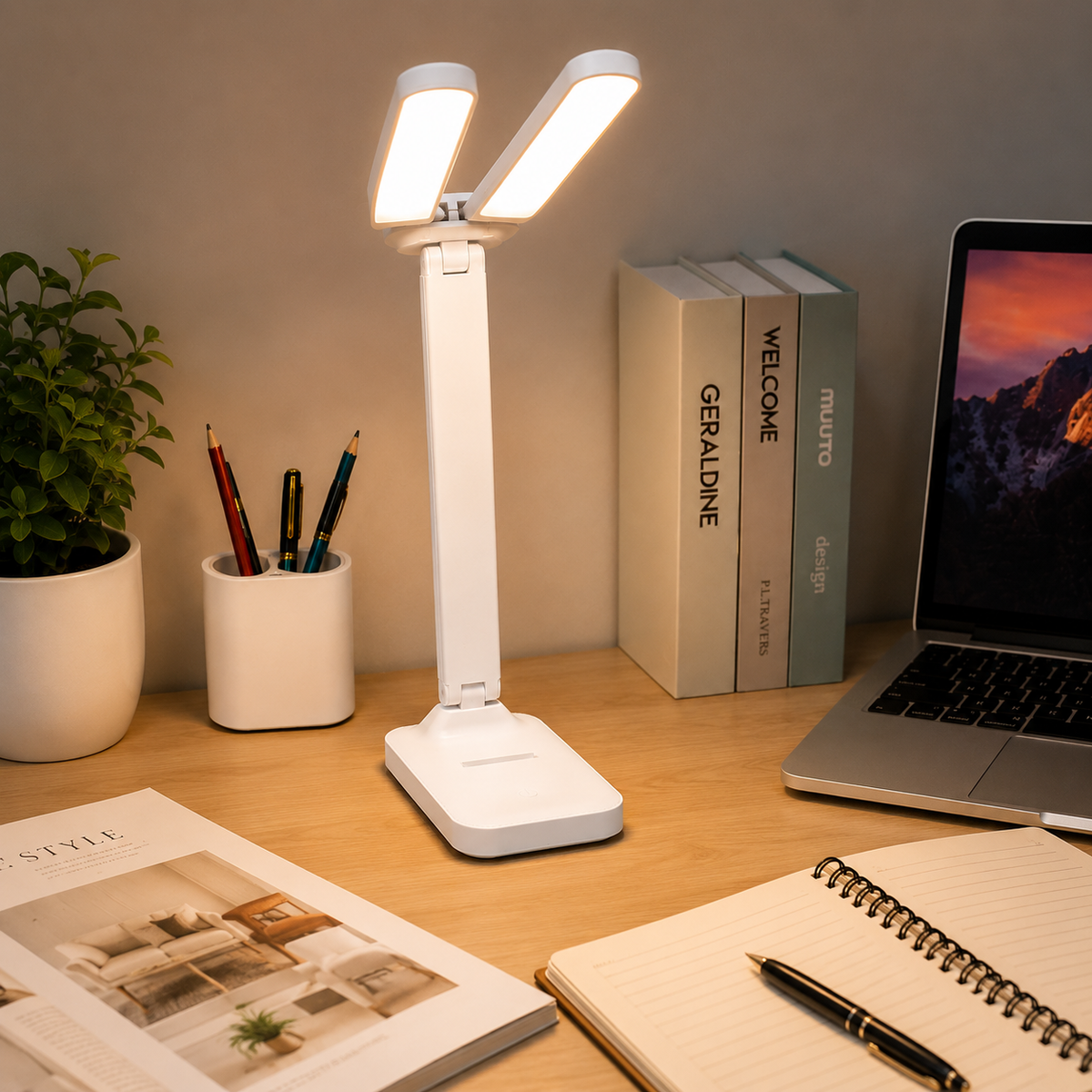 Katlanabilir Çift Başlıklı LED Masa Lambası – 3 Işık Modlu, Dokunmatik, Telefon Standlı, Ayarlanabilir Çalışma ve Okuma Lambası, Beyaz