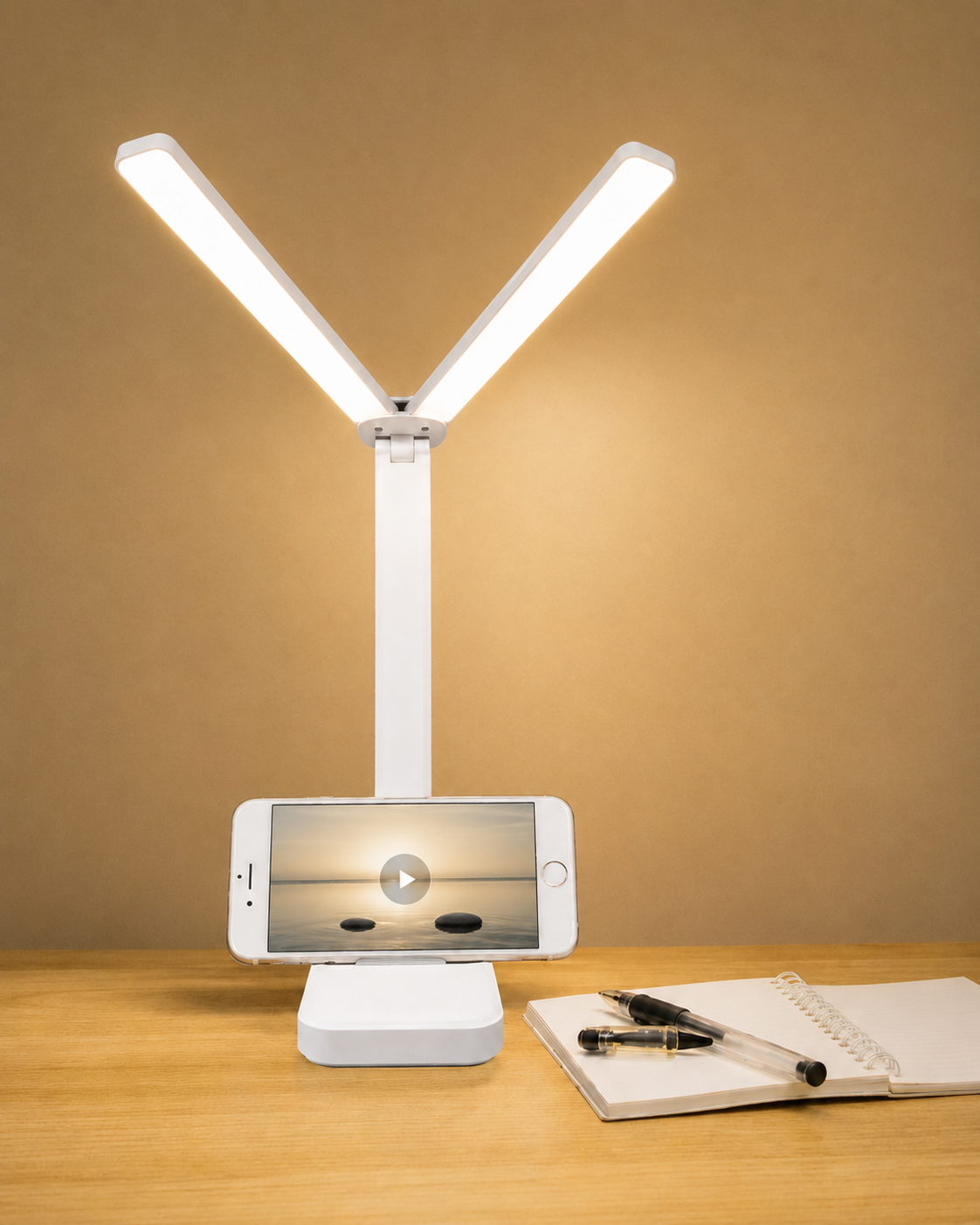 Katlanabilir Çift Başlıklı LED Masa Lambası – 3 Işık Modlu, Dokunmatik, Telefon Standlı, Ayarlanabilir Çalışma ve Okuma Lambası, Beyaz