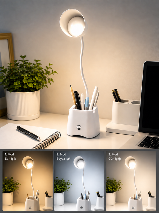 3 Modlu LED Masa Lambası ve Kalemlik – Esnek Boyunlu Dokunmatik Çalışma Lambası, Kalem Organizerli Masaüstü Aydınlatma, Beyaz