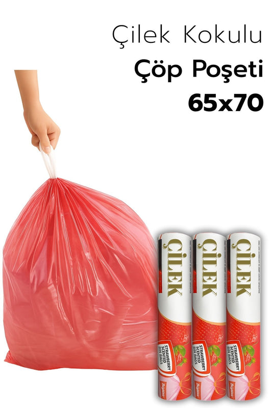 3 PAKET Büyük Boy 65X70 Çilek Kokulu Büzgülü Çöp Poşeti (30 Adet) Çöp Torbası 60 Litre