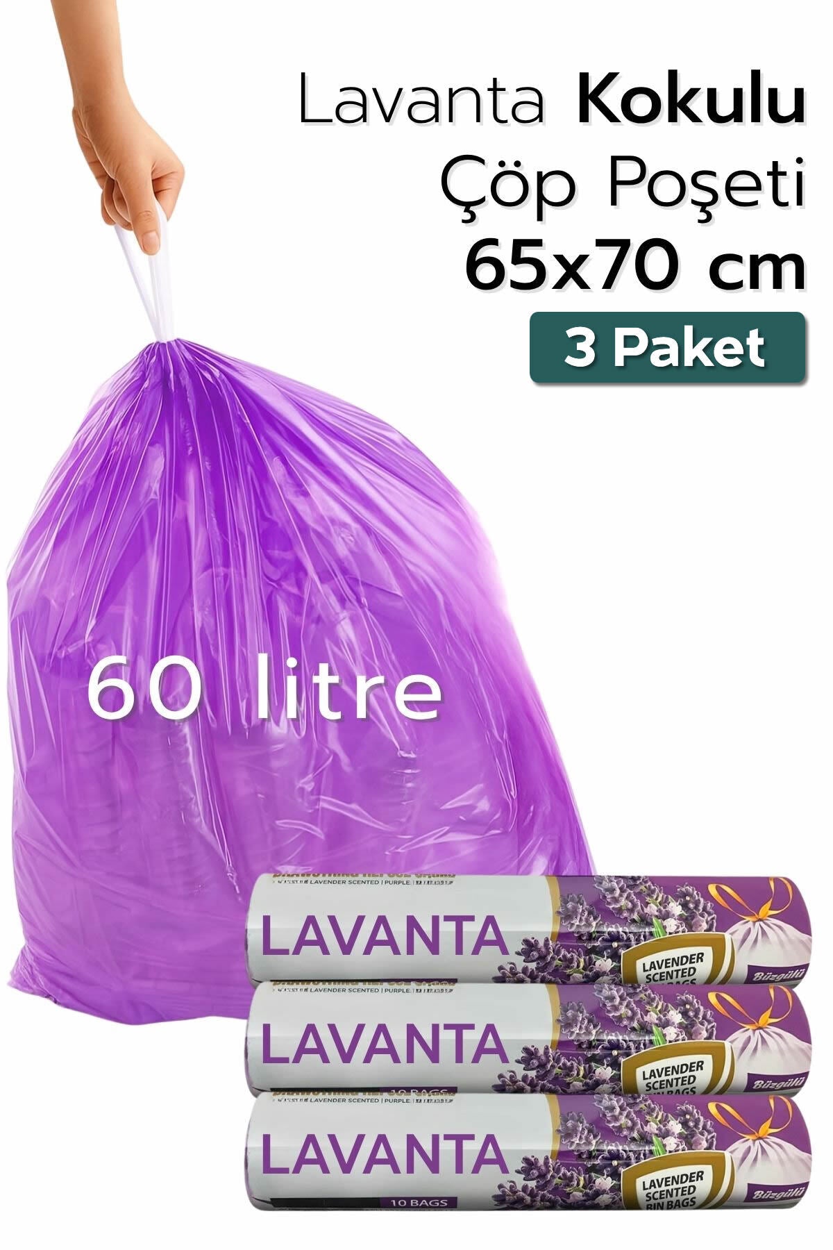 3 Paket Büyük Boy 65X70 Lavanta Kokulu Büzgülü Çöp Poşeti (30 Adet) Çöp Torbası 60 Litre