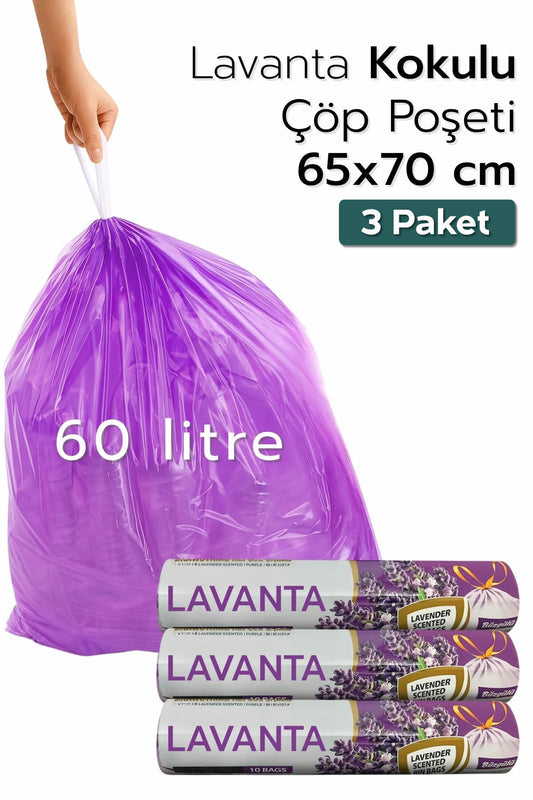 3 Paket Büyük Boy 65X70 Lavanta Kokulu Büzgülü Çöp Poşeti (30 Adet) Çöp Torbası 60 Litre