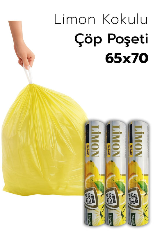 3 PAKET Büyük Boy 65X70 Limon Kokulu Büzgülü Çöp Poşeti (30 Adet) Çöp Torbası 60 Litre