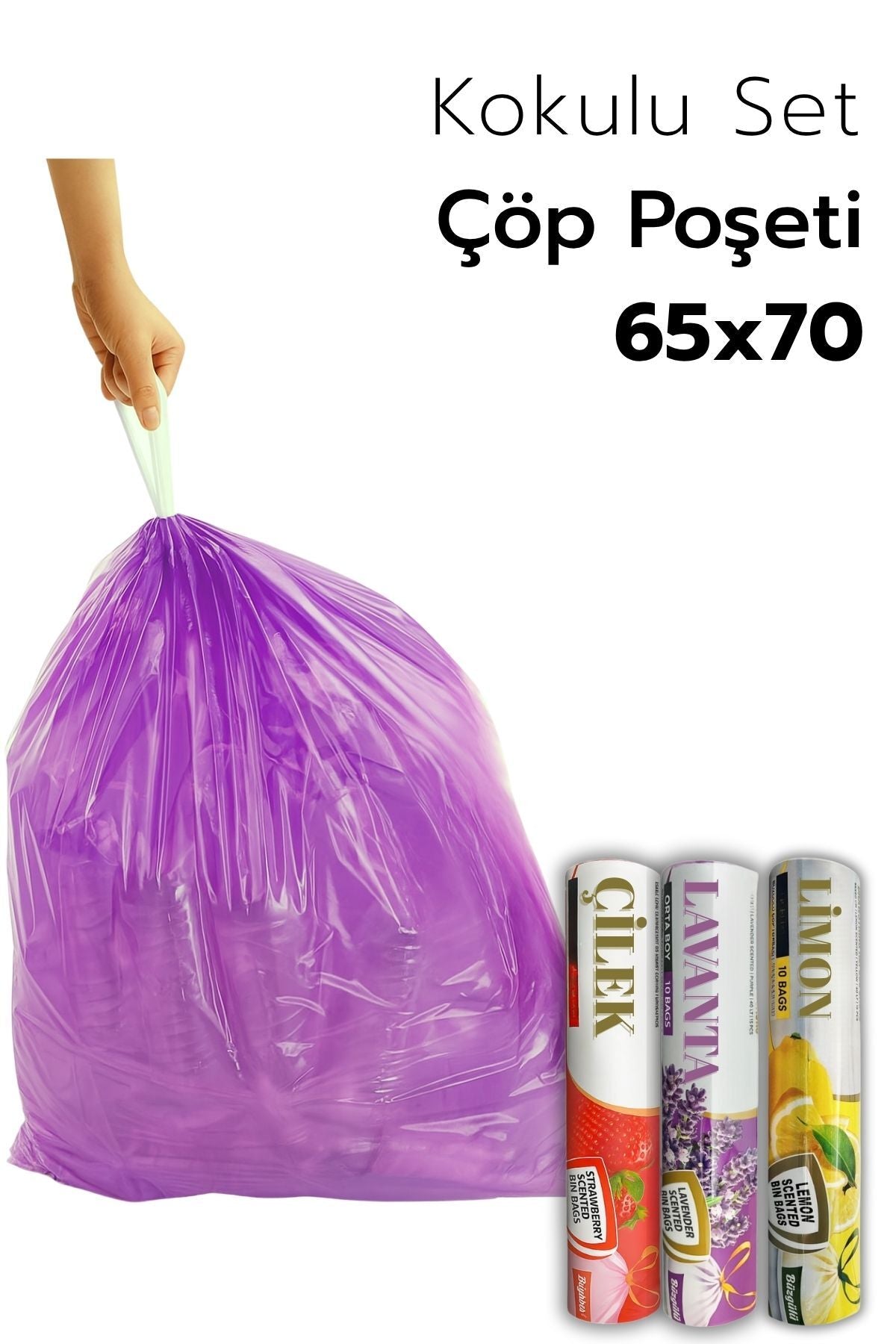3 Rulo (30 Adet) 65x70 Mega Boy Büzgülü Çöp Torbası 60 Lt - | Çöp Poşeti (Limon-Lavanta-Çilek)