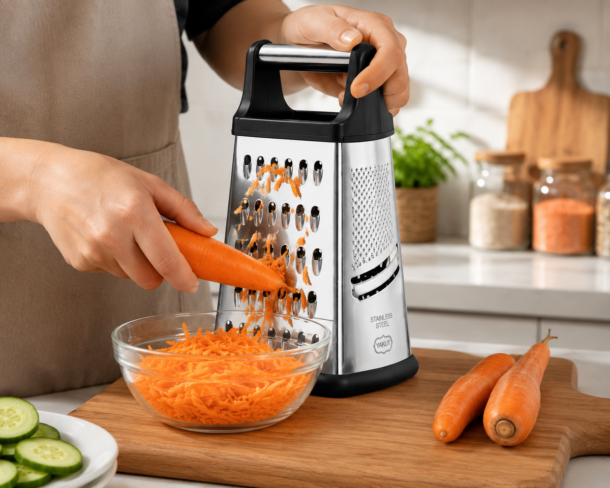 4 Yüzeyli Paslanmaz Çelik Mutfak Rendesi – Çok Fonksiyonlu Sebze, Peynir, Havuç ve Limon Rendesi – Dilimleme ve İnce Rende Özellikli Ergonomik Saplı Kutu Rende