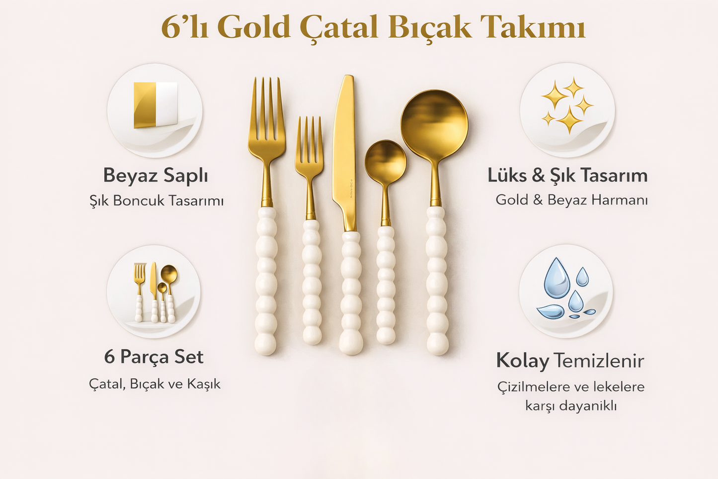 30 Parça Gold İnci Detaylı 6 Kişilik Çatal Kaşık Bıçak Takımı