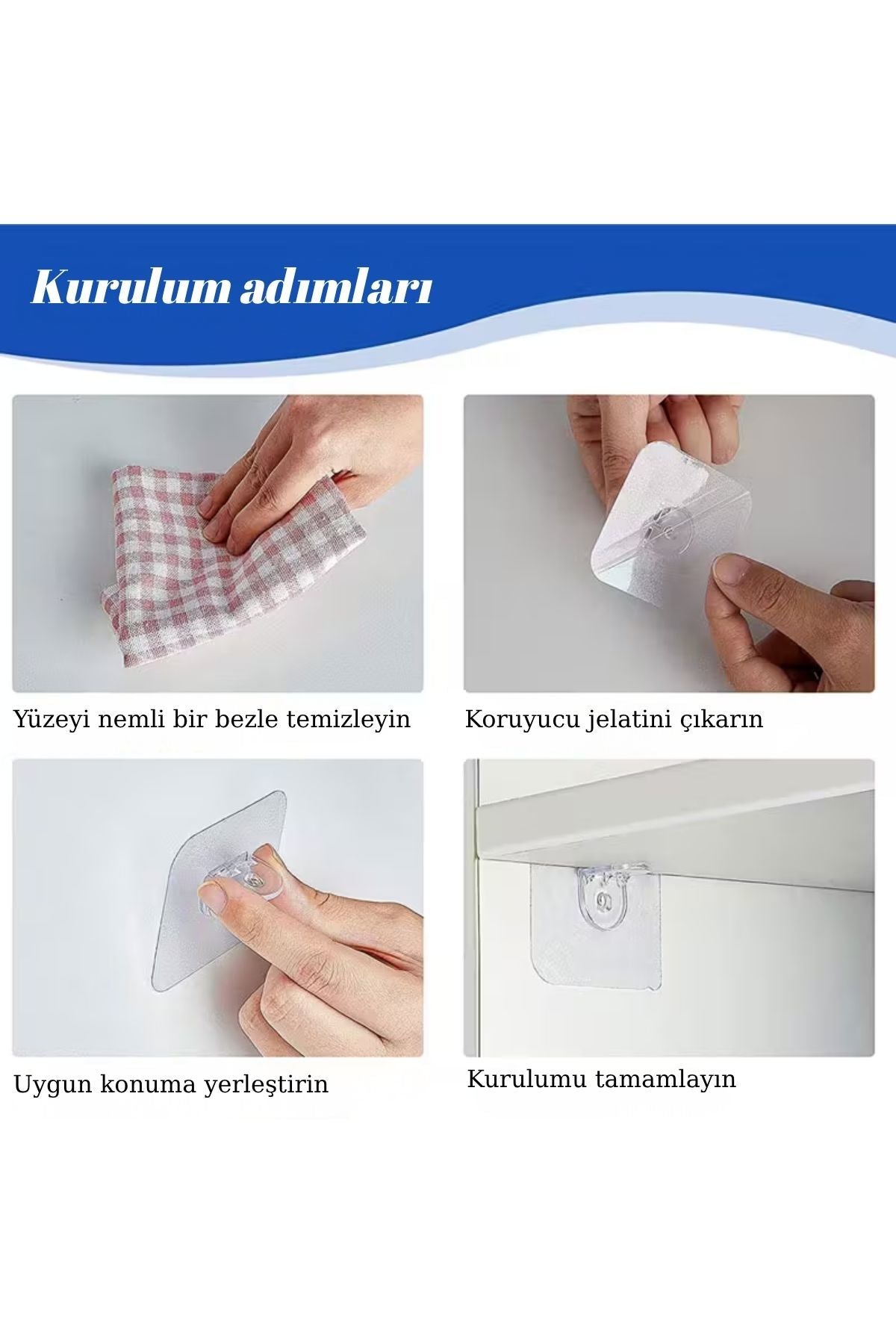 4 Adet Şeffaf Kendinden Yapışkanlı Raf Tutucu Askı – Delme Gerektirmez