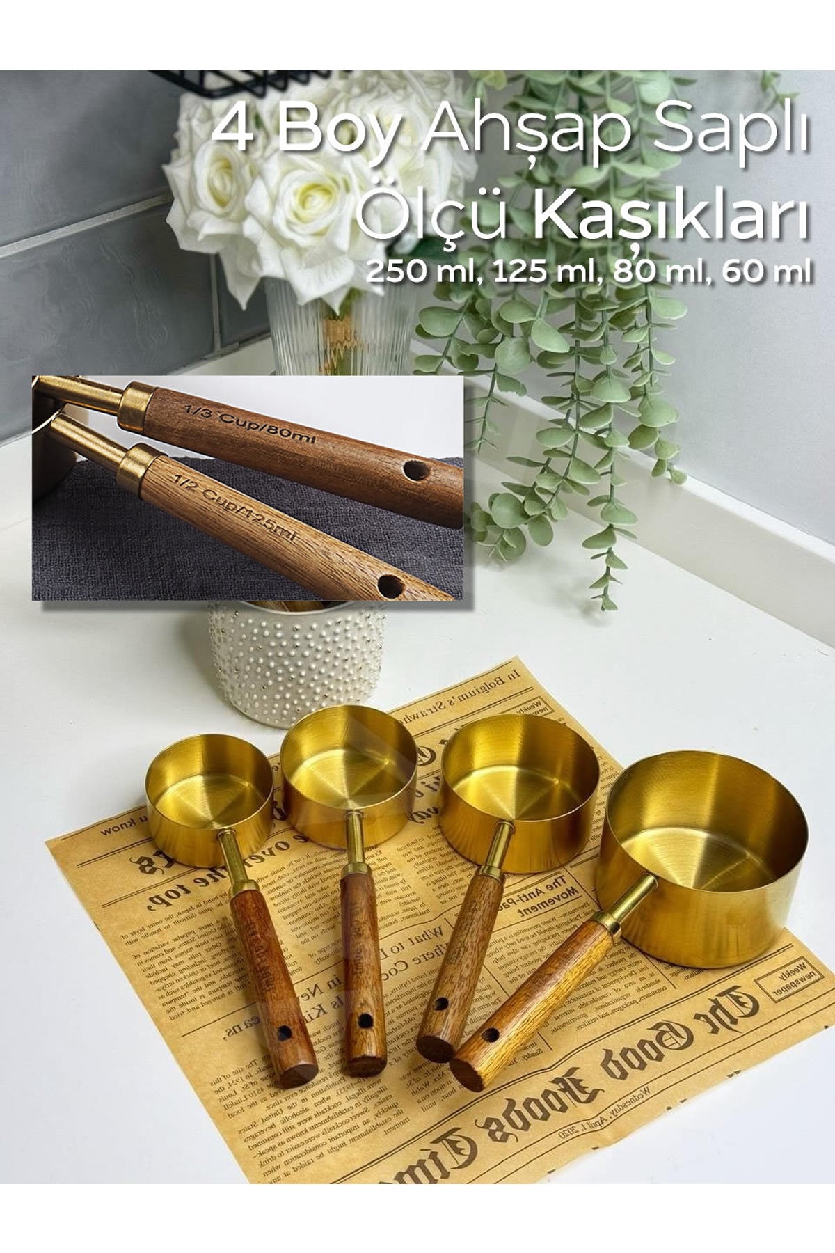 4’lü Ahşap Saplı Ölçü Kaşığı Seti – 250/125/80/60 ml Paslanmaz Metal