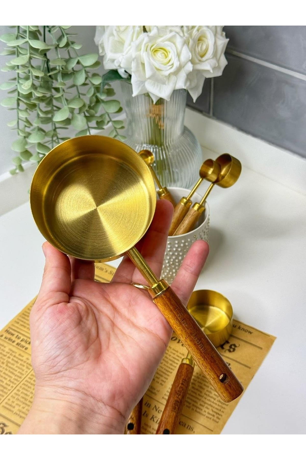 4’lü Ahşap Saplı Ölçü Kaşığı Seti – 250/125/80/60 ml Paslanmaz Metal