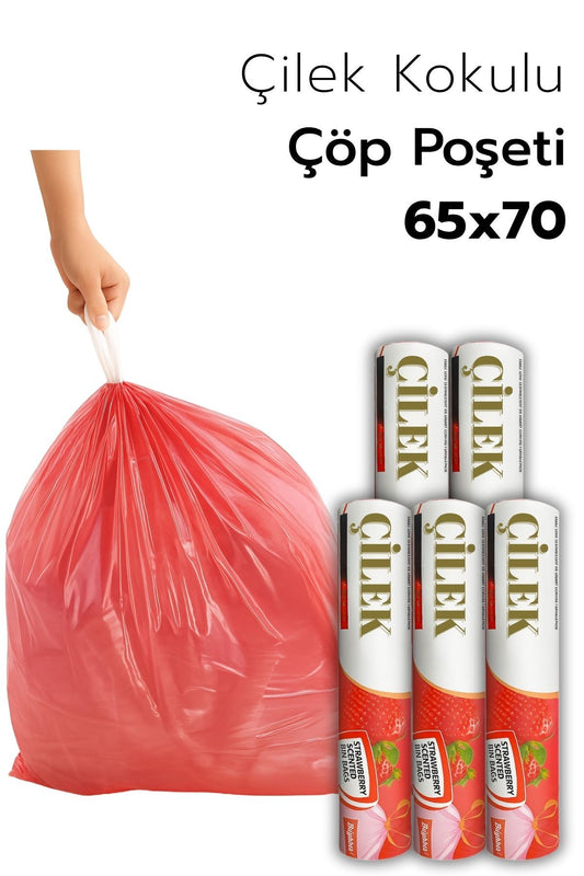 5 PAKET Büyük Boy 65X70 Çilek Kokulu Büzgülü Çöp Poşeti (50 Adet) Çöp Torbası 60 Litre