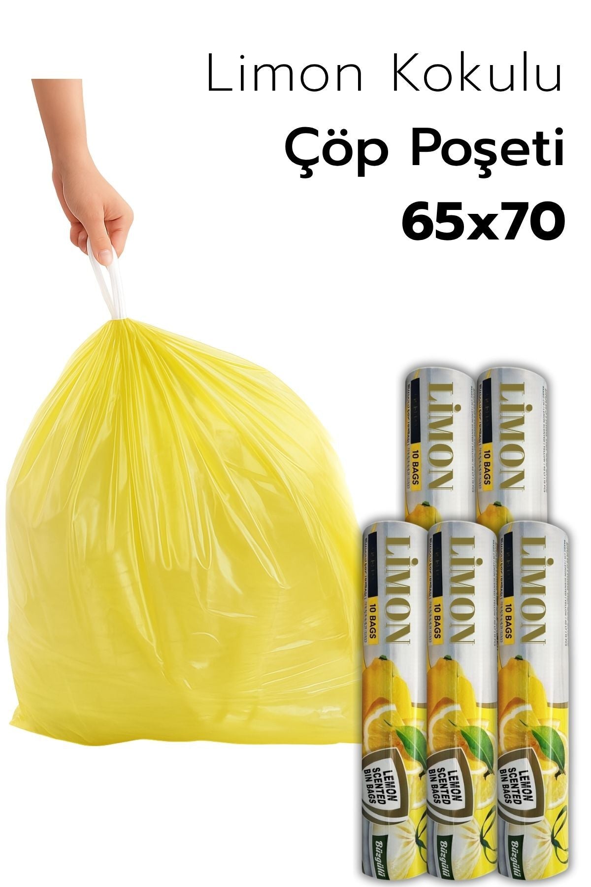 5 PAKET Büyük Boy 65X70 Limon Kokulu Büzgülü Çöp Poşeti (50 Adet) Çöp Torbası 60 Litre