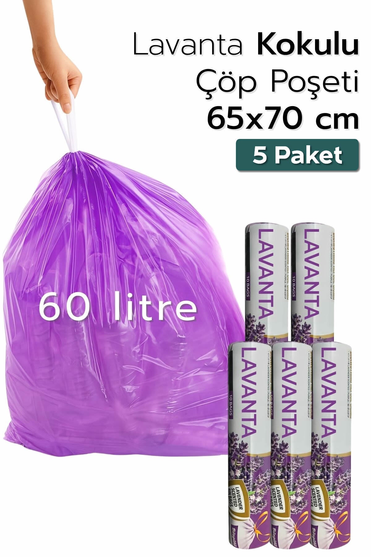 5 Paket Çok Avantaj Paket Mega Boy Lavanta Kokulu Büzgülü Çöp Poşeti (50 Adet) Çöp Torbası 60 Lt