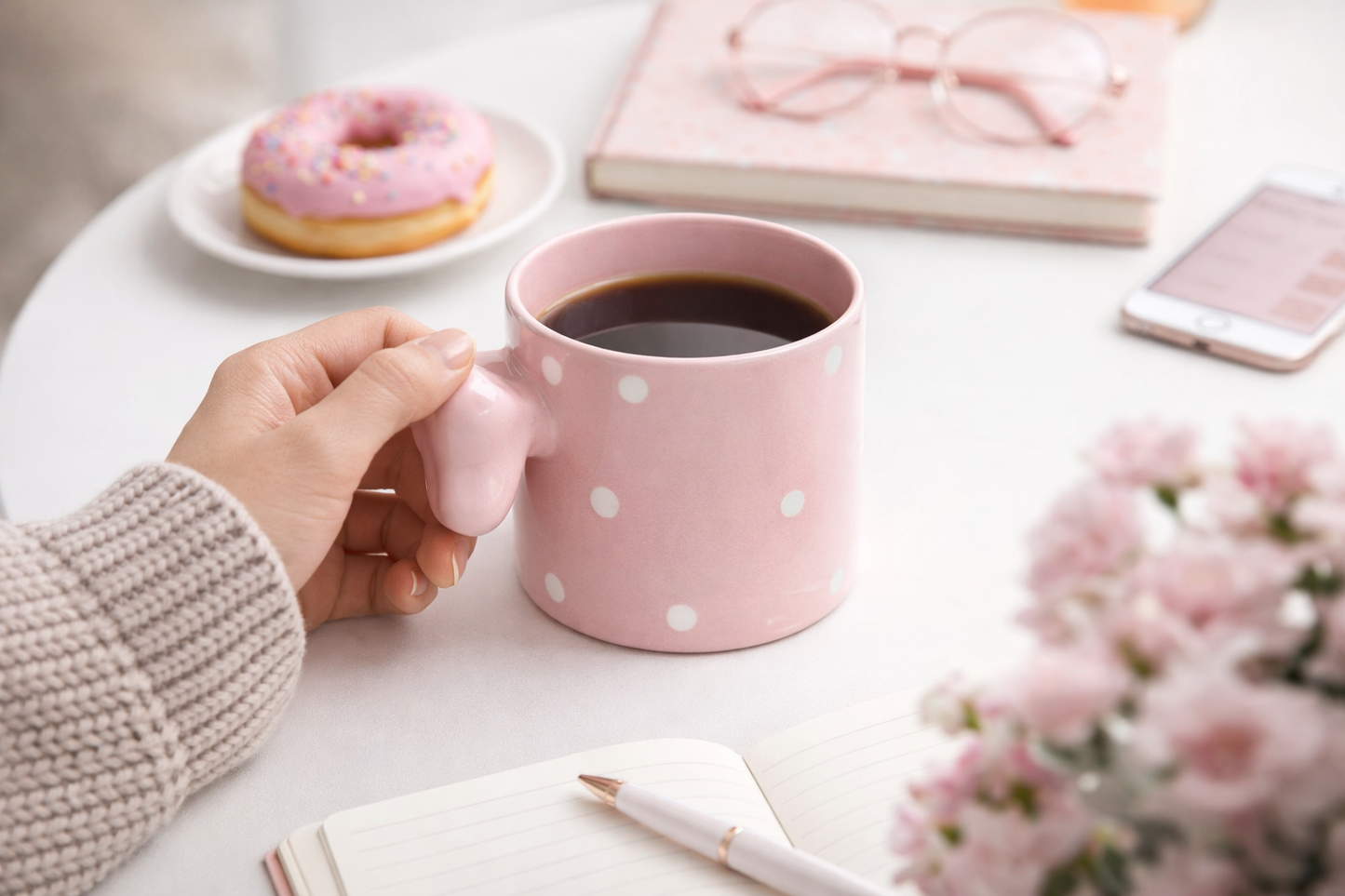 Fiyonklu Pembe  Puantiyeli Seramik Kahve Kupası – 3D Kulplu Tasarım Mug Bardak