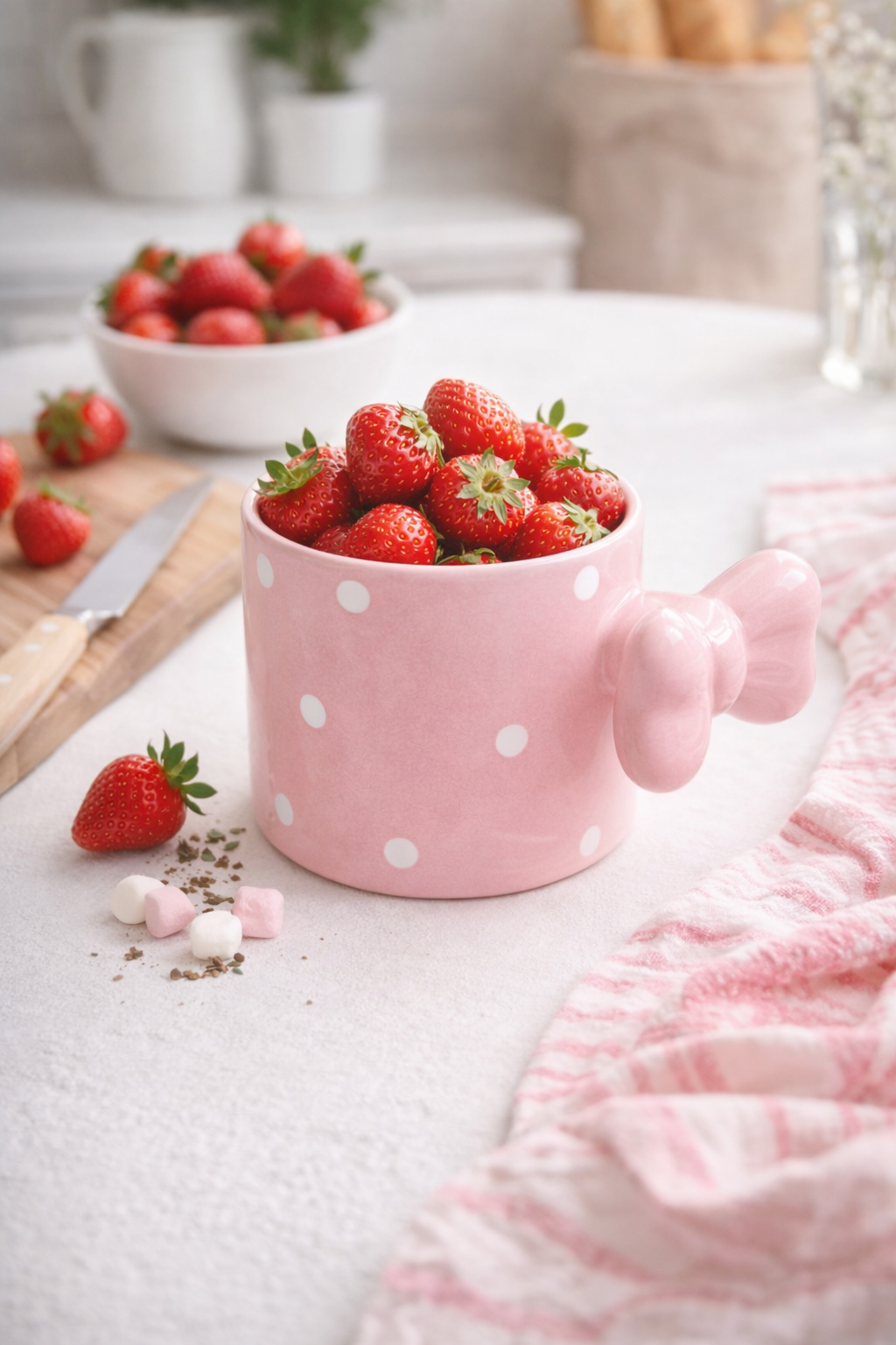 Fiyonklu Pembe  Puantiyeli Seramik Kahve Kupası – 3D Kulplu Tasarım Mug Bardak