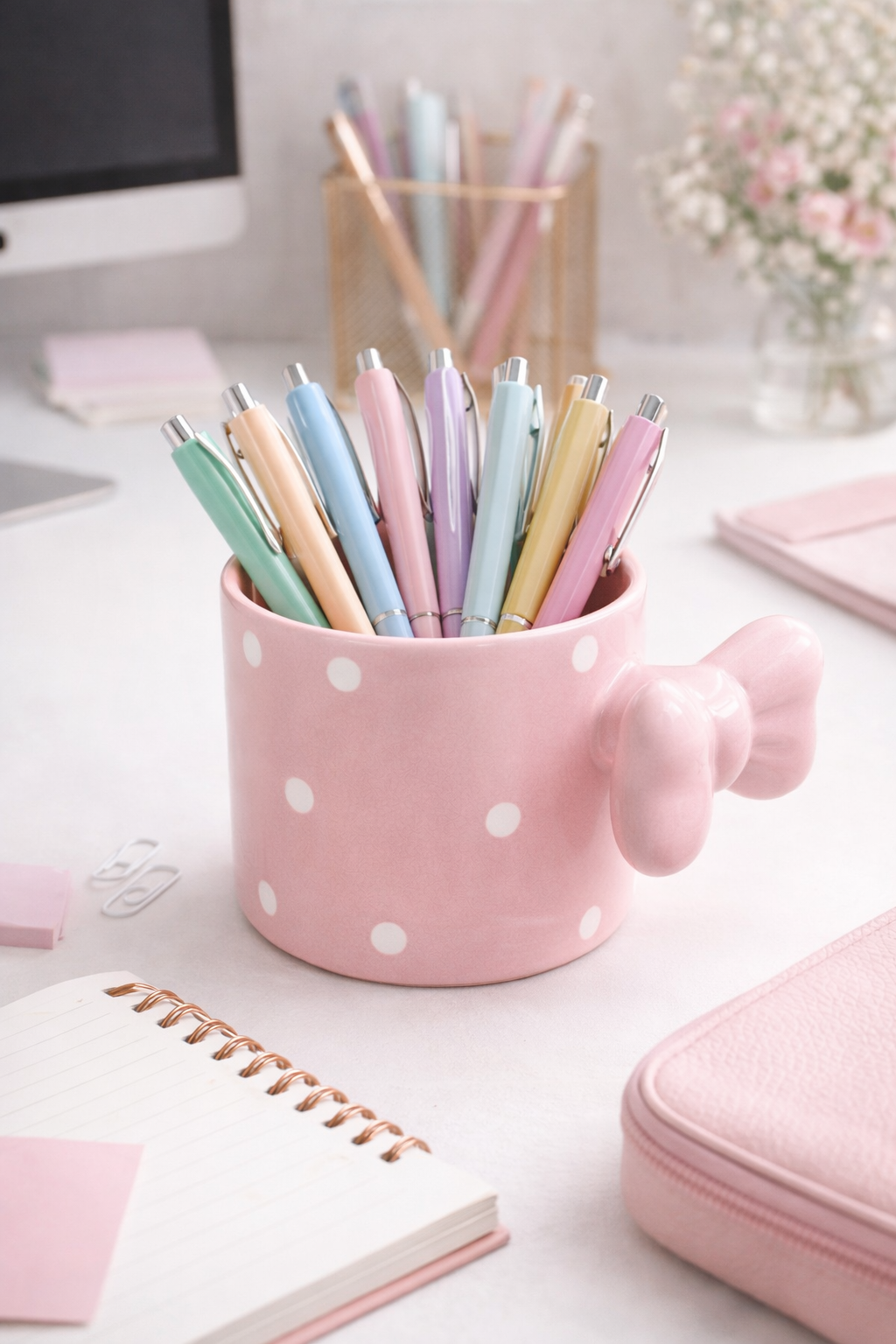 Fiyonklu Pembe  Puantiyeli Seramik Kahve Kupası – 3D Kulplu Tasarım Mug Bardak