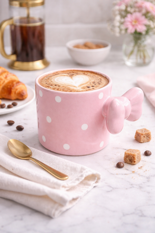 Fiyonklu Pembe  Puantiyeli Seramik Kahve Kupası – 3D Kulplu Tasarım Mug Bardak