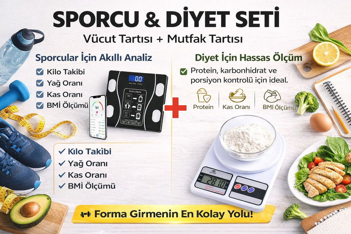 Akıllı Dijital Vücut Tartısı + Hassas Mutfak Tartısı Seti LCD Ekran 180 Kg / 10 Kg