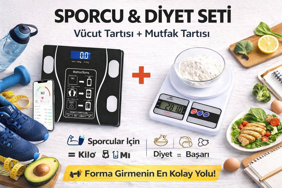 Akıllı Dijital Vücut Tartısı + Hassas Mutfak Tartısı Seti LCD Ekran 180 Kg / 10 Kg