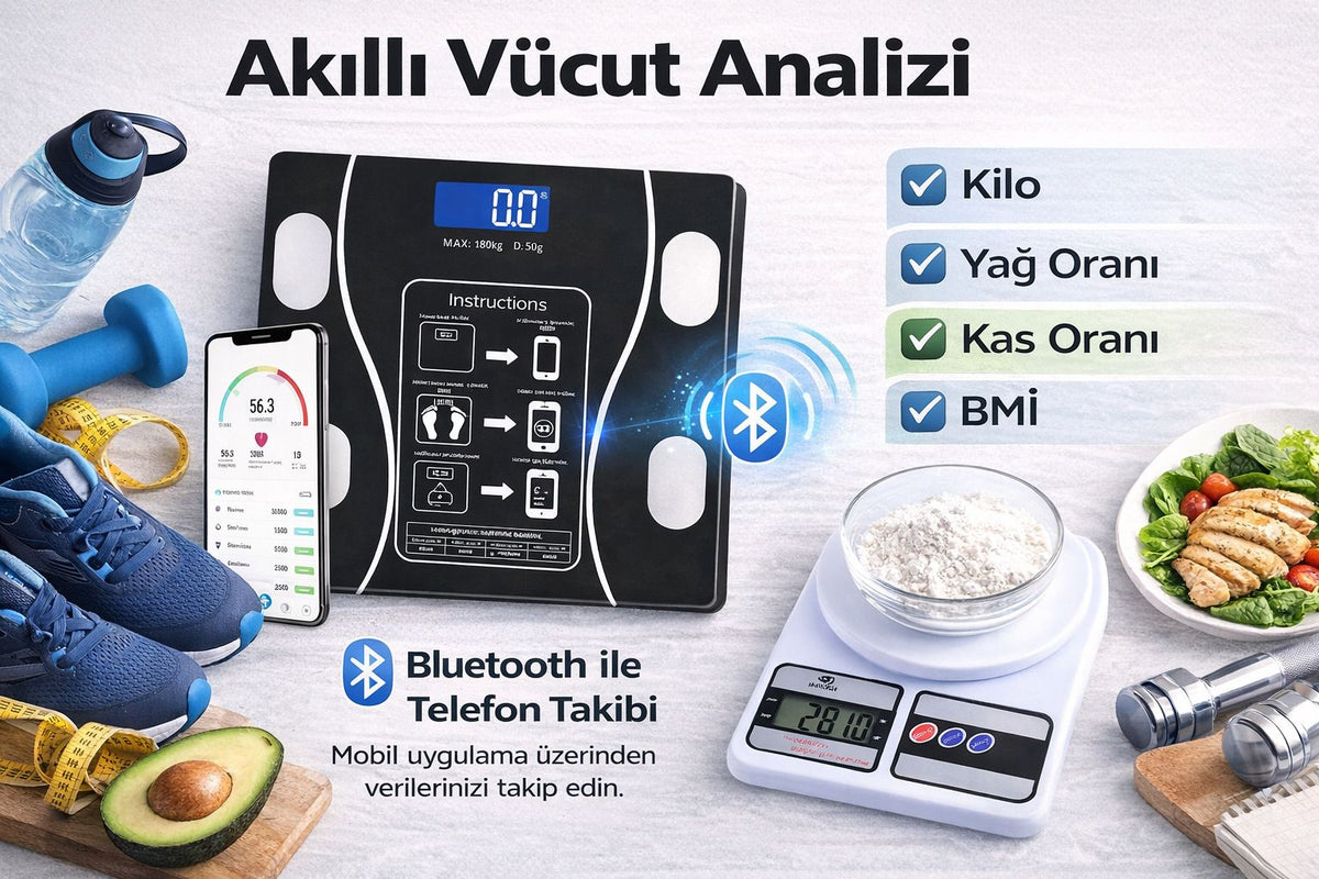 Akıllı Dijital Vücut Tartısı + Hassas Mutfak Tartısı Seti LCD Ekran 180 Kg / 10 Kg