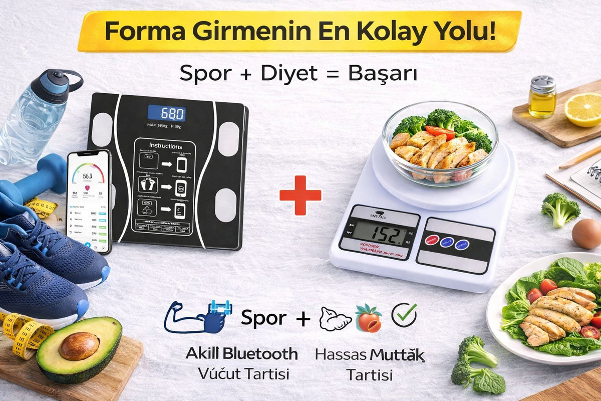 Akıllı Dijital Vücut Tartısı + Hassas Mutfak Tartısı Seti LCD Ekran 180 Kg / 10 Kg