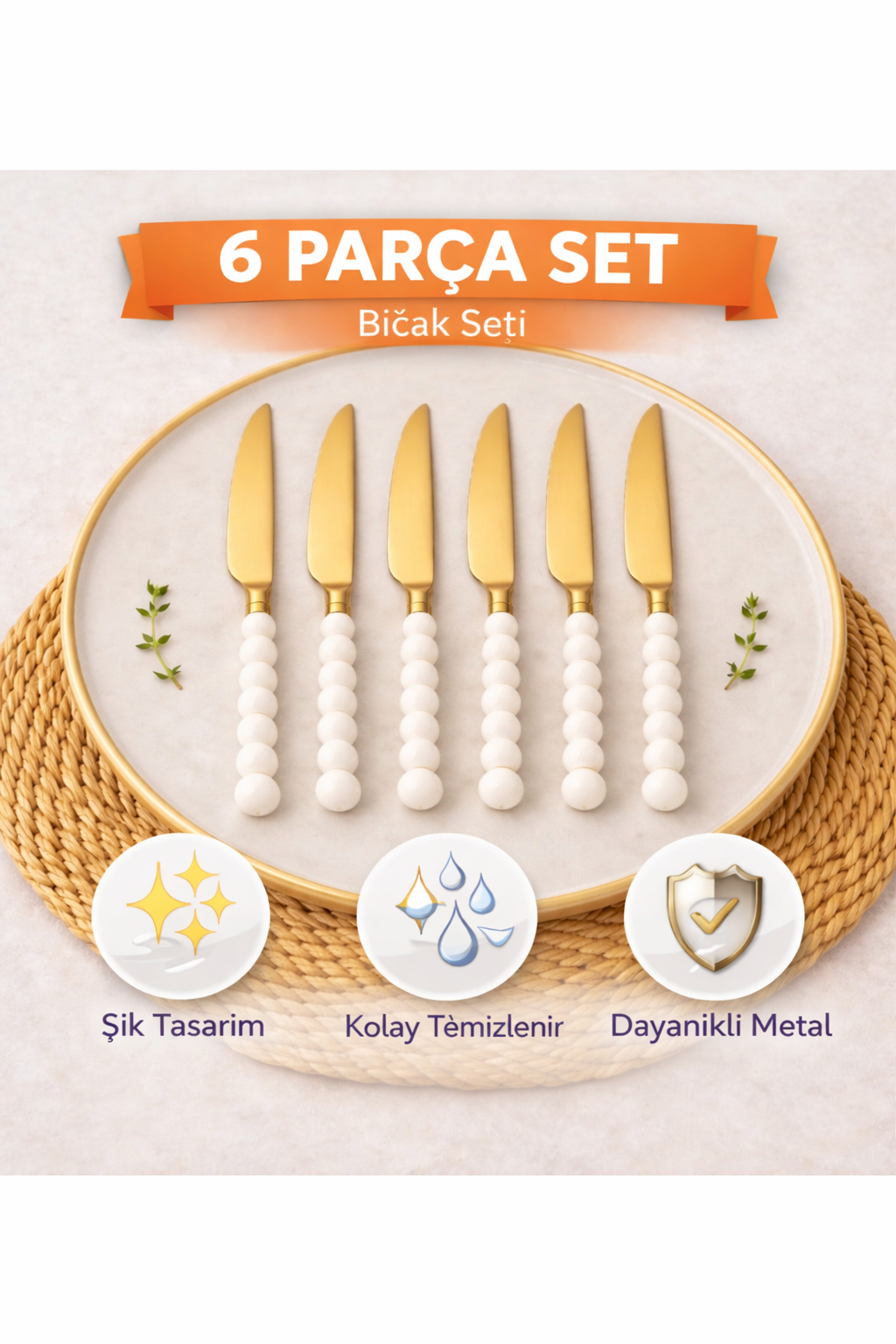 6 Adet Gold İnci Detaylı Yemek Bıçağı