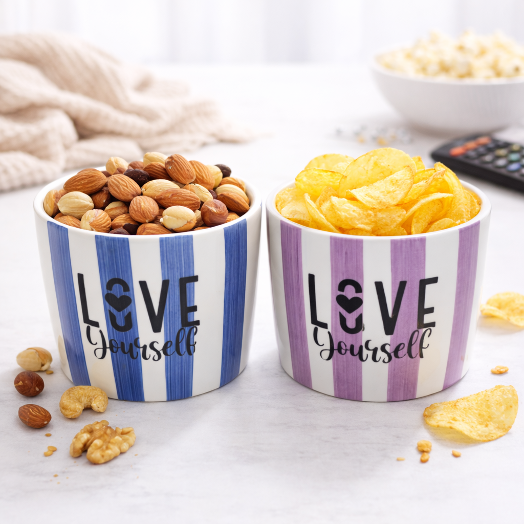 Love Yourself 2'li Seramik Kase 8 cm – Tatlı, Granola ve Dondurma Sunum Kasesi Mavi - Lila