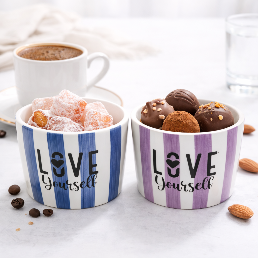 Love Yourself 2'li Seramik Kase 8 cm – Tatlı, Granola ve Dondurma Sunum Kasesi Mavi - Lila