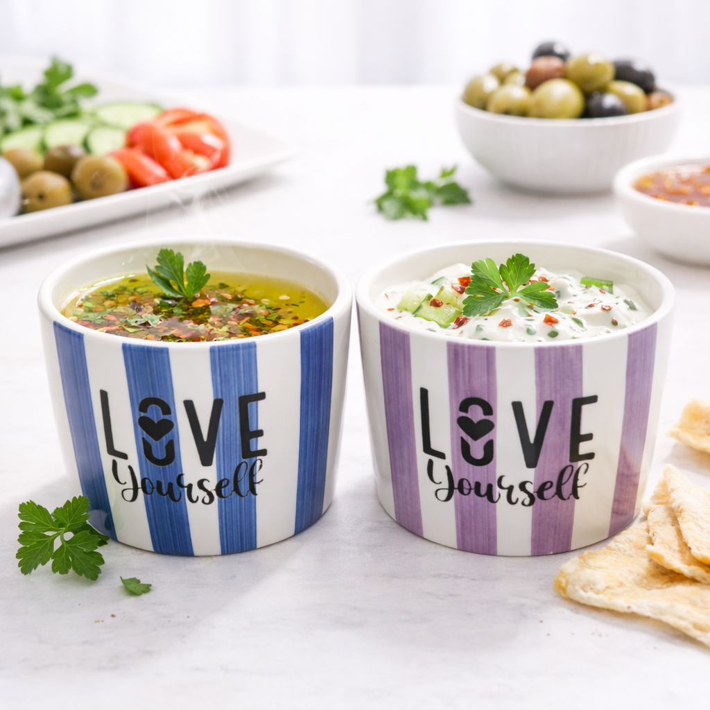 Love Yourself 2'li Seramik Kase 8 cm – Tatlı, Granola ve Dondurma Sunum Kasesi Mavi - Lila
