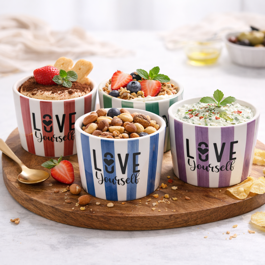 Love Yourself 4'Lü Seramik Kase 8 cm – Tatlı, Granola ve Dondurma Sunum Kasesi