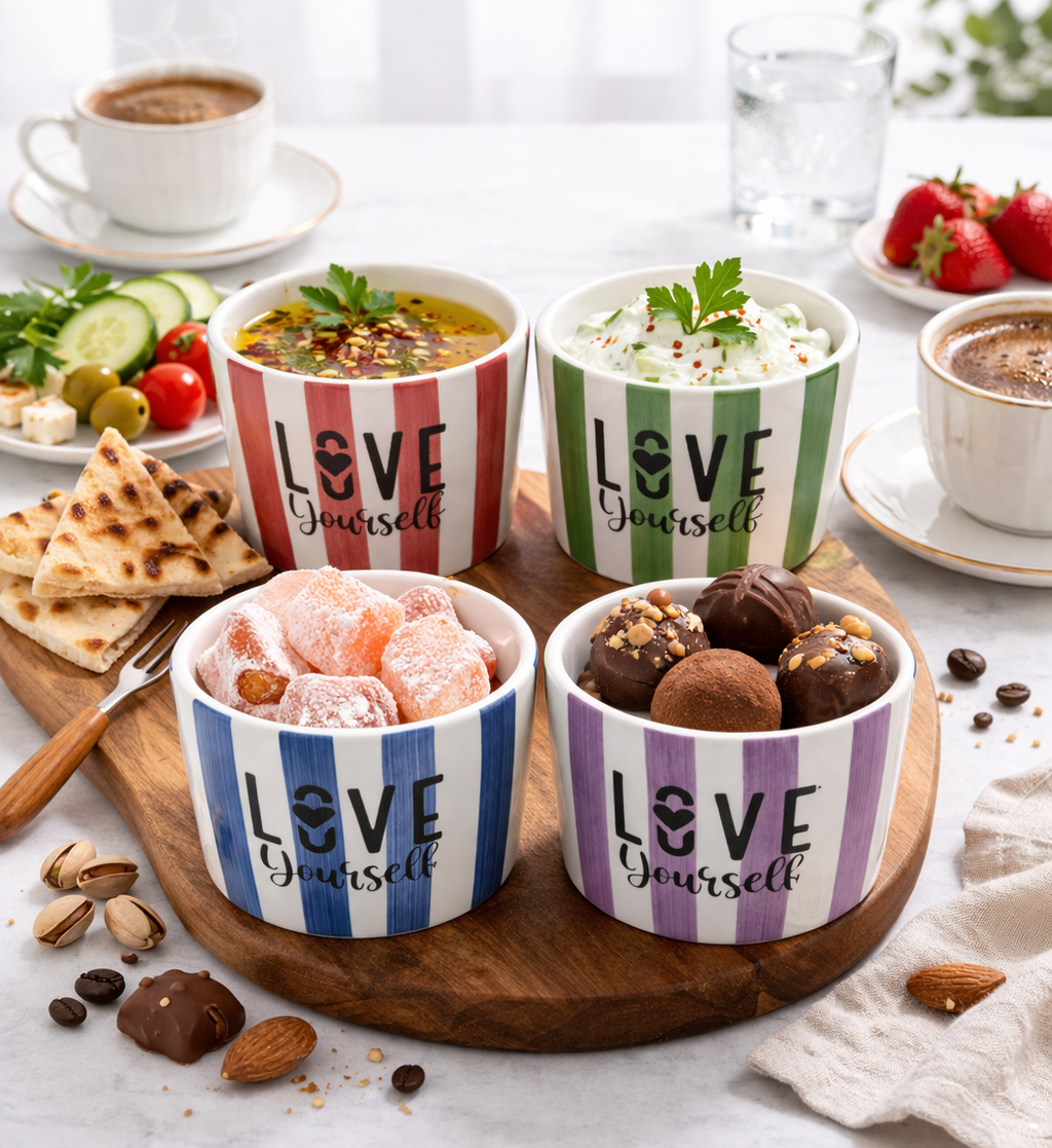 Love Yourself 4'Lü Seramik Kase 8 cm – Tatlı, Granola ve Dondurma Sunum Kasesi