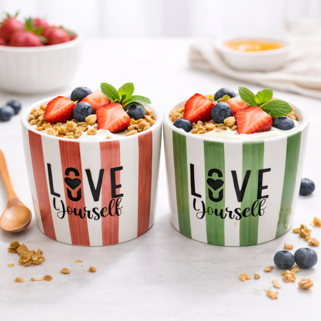 Love Yourself 4'Lü Seramik Kase 8 cm – Tatlı, Granola ve Dondurma Sunum Kasesi