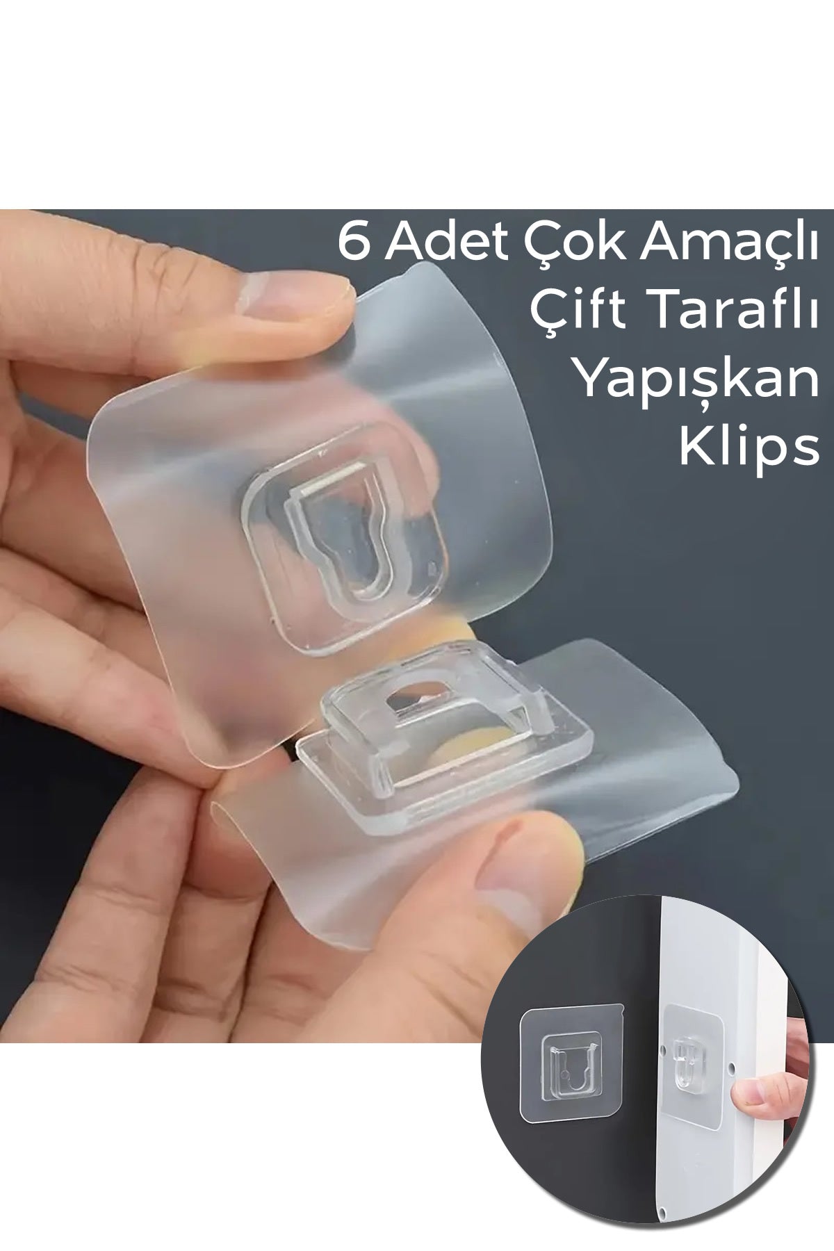 6 Adet Çift Taraflı Yapışkanlı Geçmeli Klips Eşya Sabitleme Askısı Şeffaf Duvar Kancası