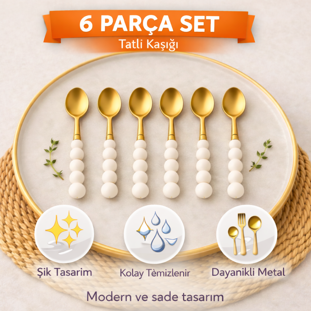 6 Adet Gold İnci Detaylı Tatlı Kaşığı