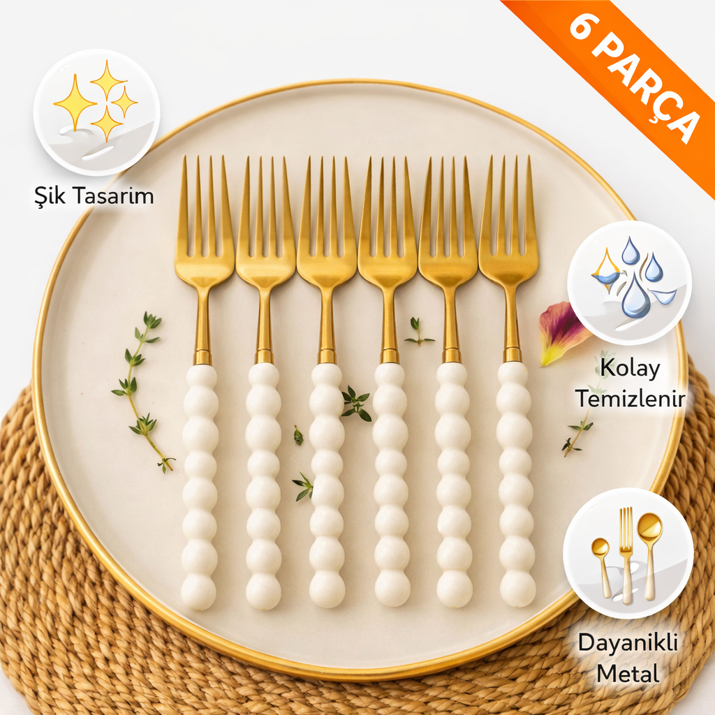 6 Adet Gold İnci Detaylı Yemek Çatalı
