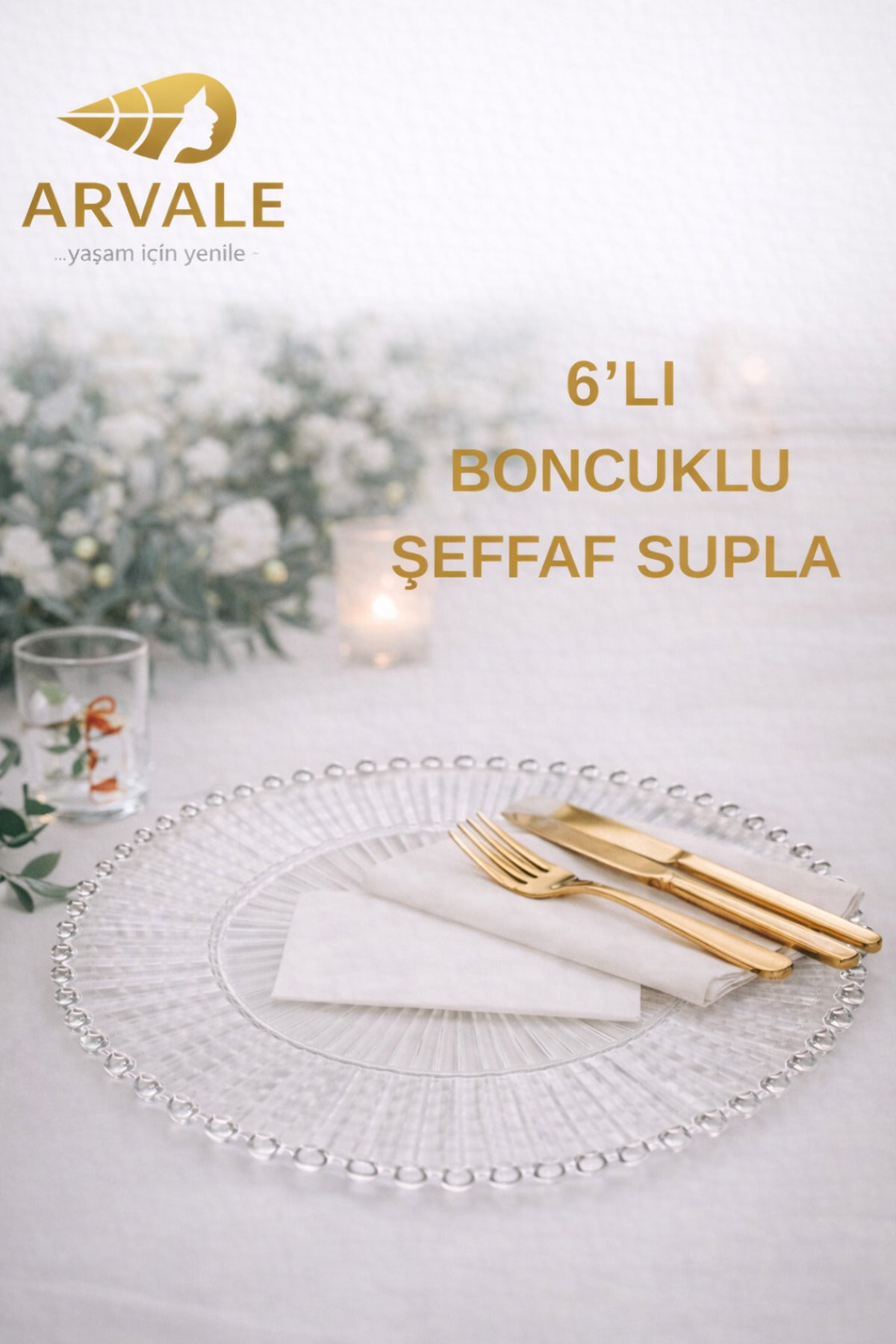 6’lı Boncuklu Şeffaf Supla – Cam Görünümlü, Masa & Davet Sunum Tabağı