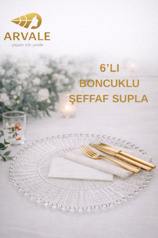 6’lı Boncuklu Şeffaf Supla – Cam Görünümlü, Masa & Davet Sunum Tabağı
