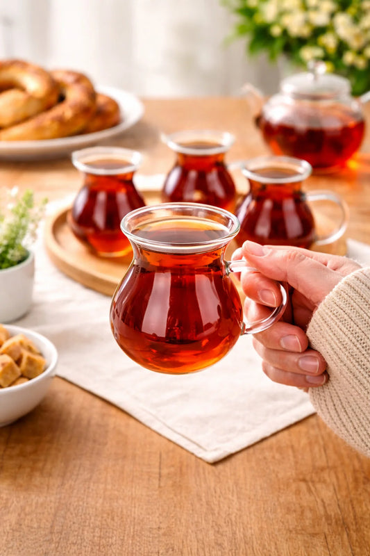 6'lı Keyfi Ala Borosilikat Cam Kulplu Çay Bardağı , Ateşe Temas Edebilen Çay Kupası Bardak