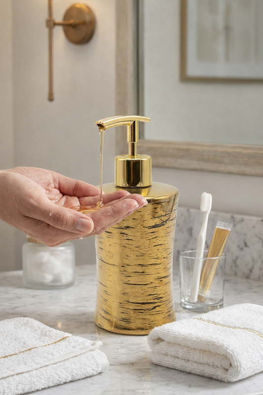 AURA Gold Sıvı Sabunluk – Lüks Metal Görünümlü Banyo & Mutfak Sabun Dispenseri