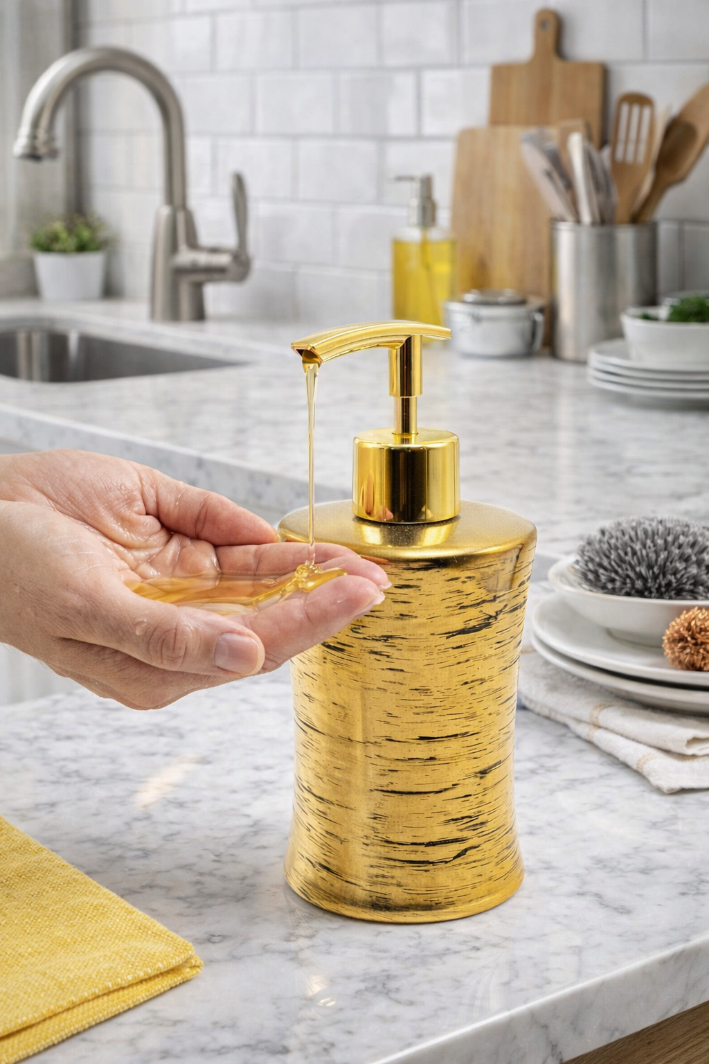 AURA Gold Sıvı Sabunluk – Lüks Metal Görünümlü Banyo & Mutfak Sabun Dispenseri