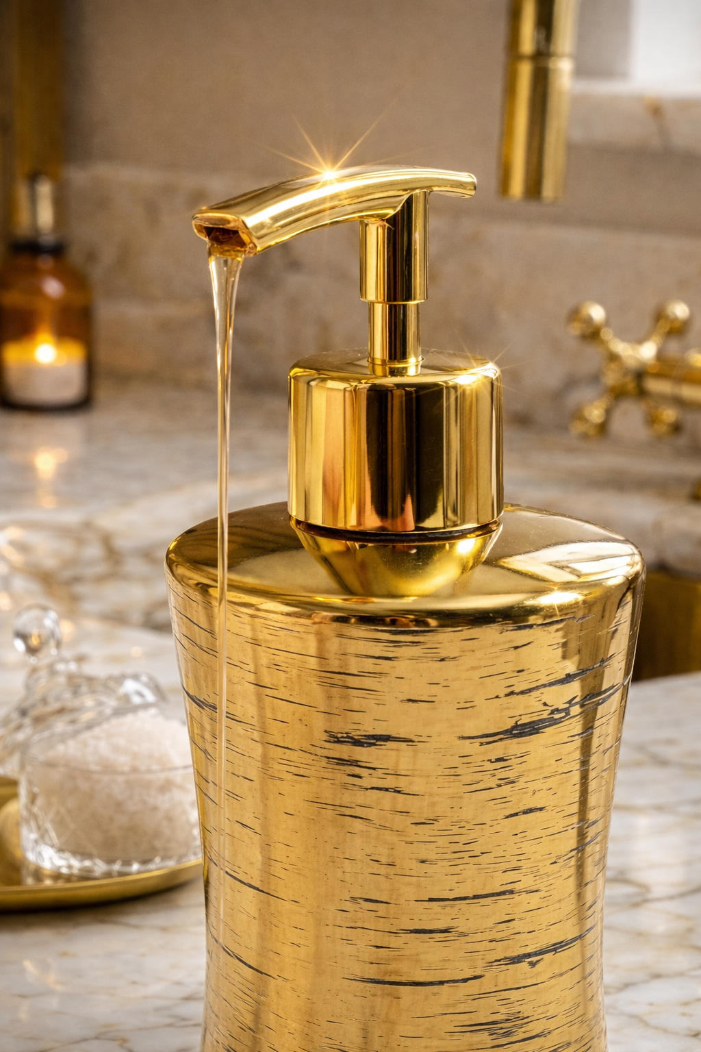AURA Gold Sıvı Sabunluk – Lüks Metal Görünümlü Banyo & Mutfak Sabun Dispenseri