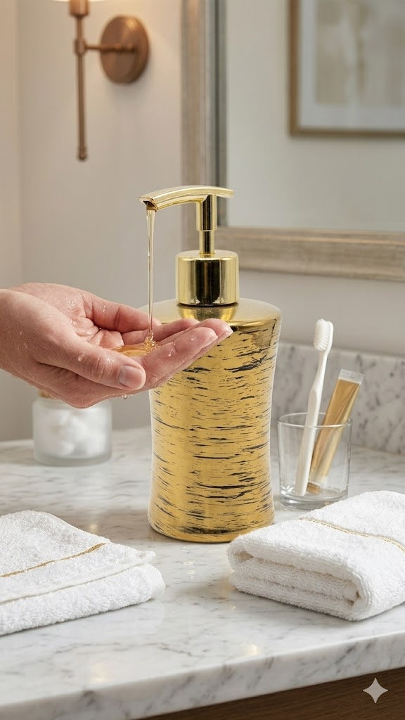 AURA Gold Sıvı Sabunluk – Lüks Metal Görünümlü Banyo & Mutfak Sabun Dispenseri