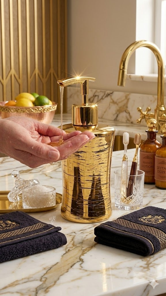 AURA Gold Sıvı Sabunluk – Lüks Metal Görünümlü Banyo & Mutfak Sabun Dispenseri